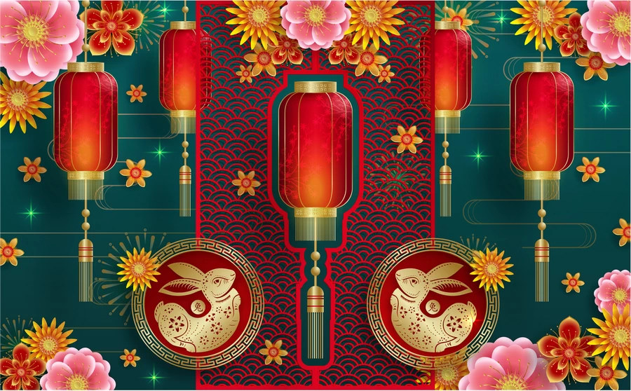 2023兔年中国风新年春节剪纸风节日宣传插画海报背景展板AI素材【170】
